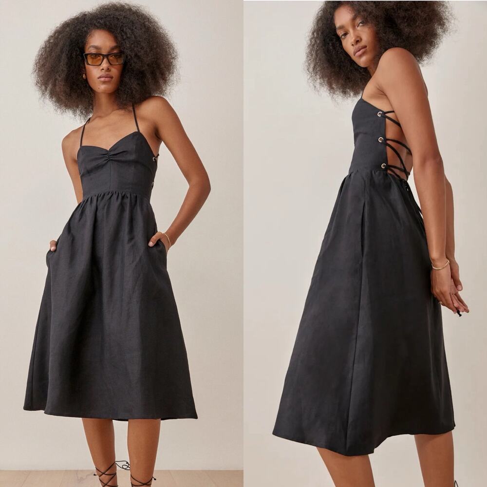 Reformation Black Linen Danika Midi Dress Lace Up Back Pockets| Size 0 | EUC